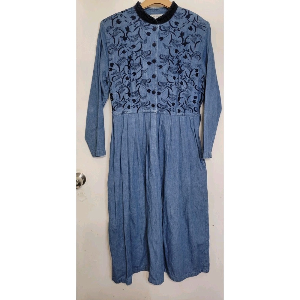 Country Wear Vintage 90s Denim Maxi Dress Blue Velvet Trim Embroidered Medium